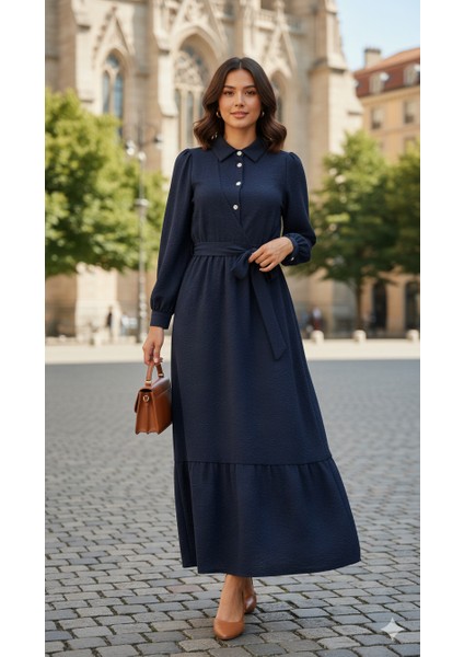 Kadın Taş Düğmeli Jakarlı Tesettür Elbise | Şık & Zarif Gömlek Yaka Tesettür Elbise