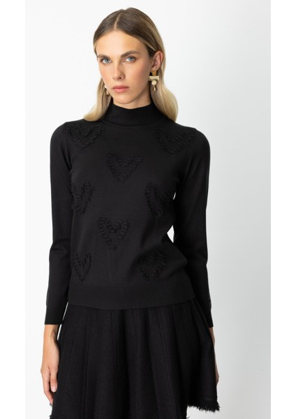 Kadın Püsküllü Kalp Detaylı Dik Yaka Kazak 65325 Siyah