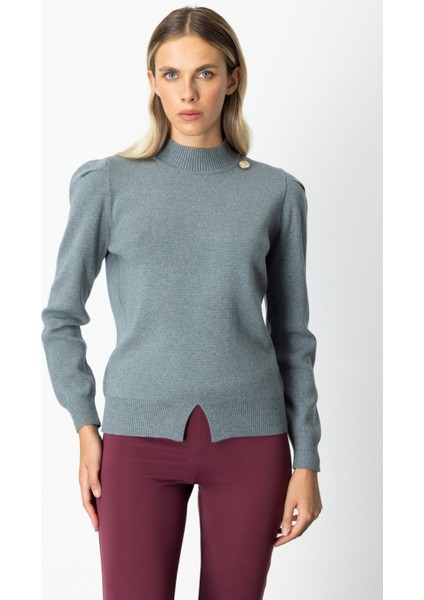 Kadın Dik Yaka Düğme Detaylı Kazak 65331 Gri