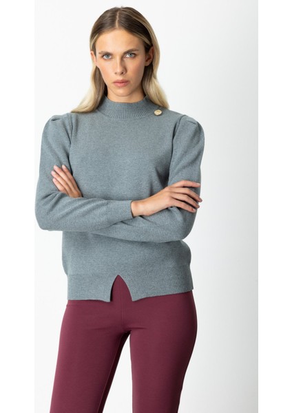 Kadın Dik Yaka Düğme Detaylı Kazak 65331 Gri fiyatları