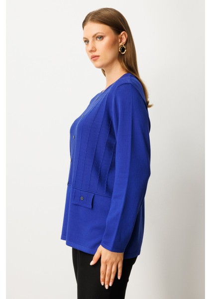 Kadın Kabartma Desenli Süs Düğmeli Triko Kazak 65358 Saks