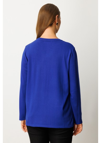 Kadın Kabartma Desenli Süs Düğmeli Triko Kazak 65358 Saks fırsatları