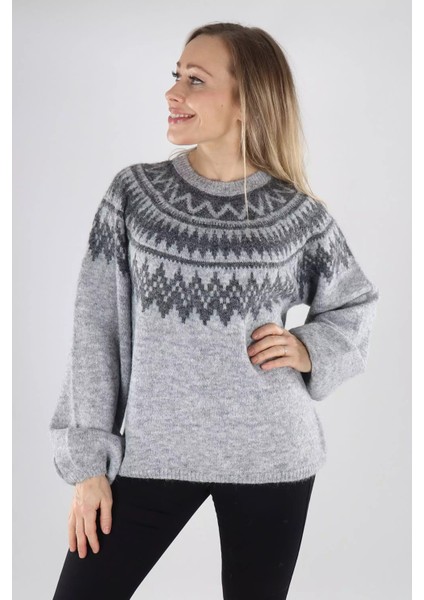 Kadın Onlreykja Desenli Sıfır Yaka Yünlü Kazak 15353221 Gri