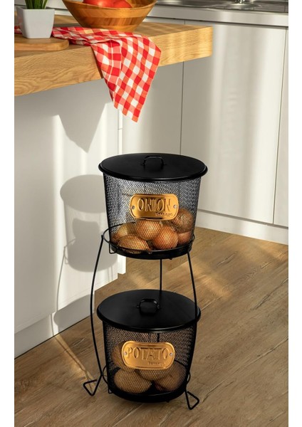 2 Katlı File Çelikten Üretilmiş Patates Soğan Kovaları, 2&apos;li Metal Patates Soğanlık (Siyah)