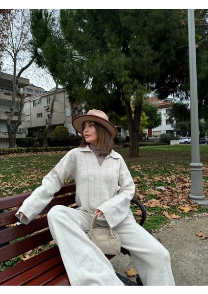 Yakalı Cizgi Detaylı Triko Ikili Takım - Beyaz modelleri