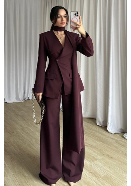 Şal Detaylı Kruvaze Ceket ve Palazzo Pantolon Alt-Üst Takım | Takım Elbise | Premium Tasarım Takım