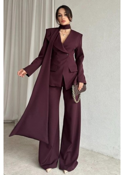 Şal Detaylı Kruvaze Ceket ve Palazzo Pantolon Alt-Üst Takım | Takım Elbise | Premium Tasarım Takım fiyatları