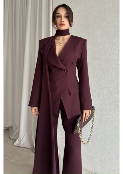 Şal Detaylı Kruvaze Ceket ve Palazzo Pantolon Alt-Üst Takım | Takım Elbise | Premium Tasarım Takım modelleri