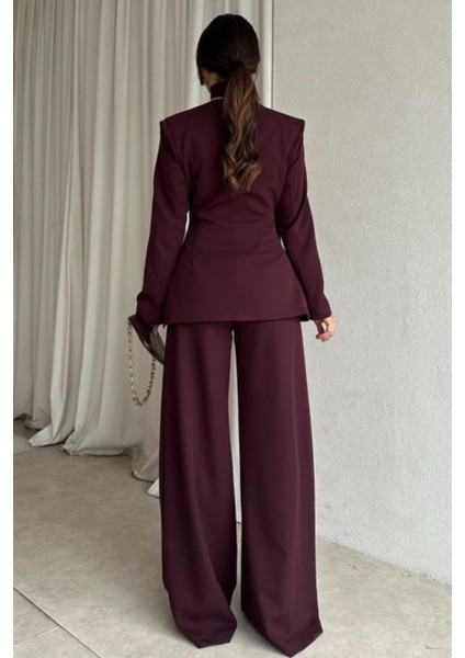 Şal Detaylı Kruvaze Ceket ve Palazzo Pantolon Alt-Üst Takım | Takım Elbise | Premium Tasarım Takım fırsatları