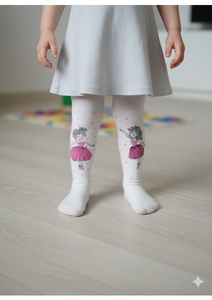 Kız Bebek Çocuk Külotlu Çorap Balerin Desenli Simli Beyaz Muz Çorap