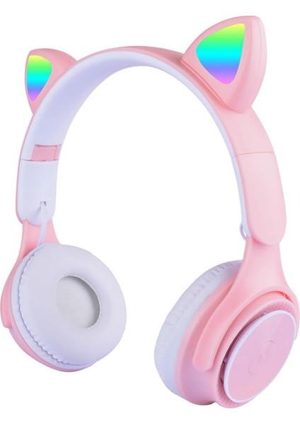 M6 Pro Cat Rgb LED Işıklı Kedi Kulağı Band Tasarımlı Ayarlanabilir ve Katlanabilir Kulak Üstü Kulaklık Pembe
