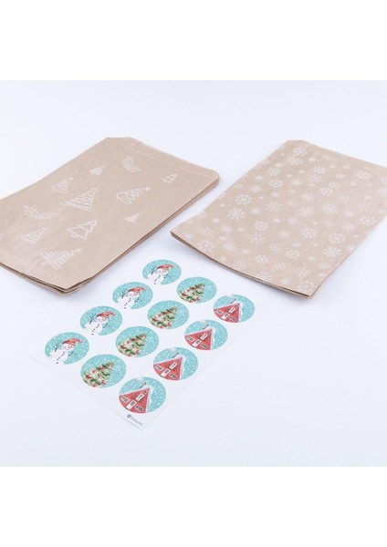 20 Adet Çam ve Kar Desenli Kese Kağıdı (18X30 Cm) ve Yılbaşı Şekilli Oluşan Set