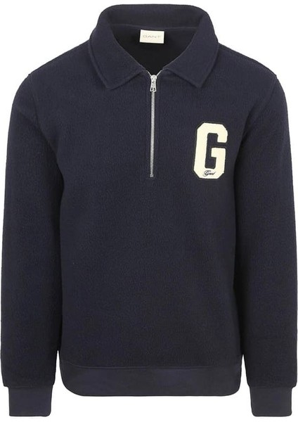 Erkek Polo Yaka Yarım Fermuarlı Aplike Armalı Sweatshirt - Lacivert