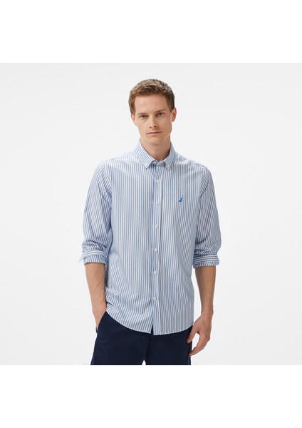 Erkek Mavi Classic Fit Çizgili Gömlek