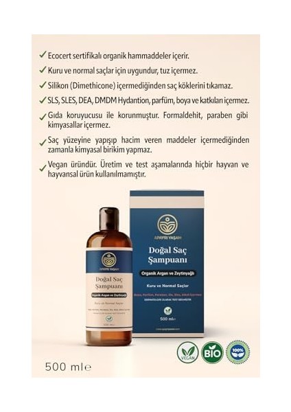 Apayrı Yaşam Organik Argan ve Zeytinyağı Özlü Kuru ve Normal Saçlar Için Besleyici ve Onarıcı Şampuan 500 ml