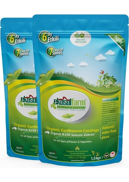Solucan Gübresi 2x1,5 kg Toplam 3 kg Organik Gübre Worm Castings