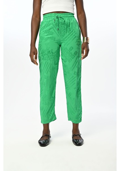 Kadın Beli Lastikli Rahat Kalıp Desenli Yeşil Pantolon