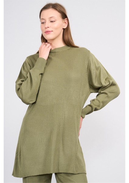 Çetinkaya Miya Mira Modest 8627 Kadın Dik Yaka Fitilli Triko Kazak Yosun Yeşili