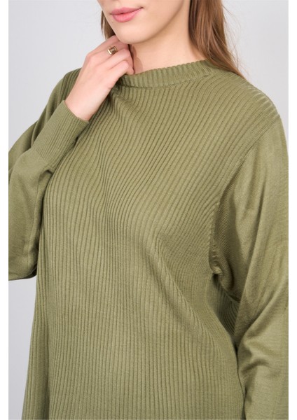 Çetinkaya Miya Mira Modest 8627 Kadın Dik Yaka Fitilli Triko Kazak Yosun Yeşili modelleri