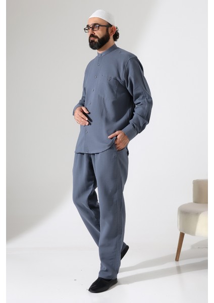 Erkek Müslin Hakim Yaka Cepli Gömlek Pantolon Ikili Takım, Hac Umre Kıyafeti - Füme (Ans)