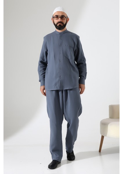 Erkek Müslin Hakim Yaka Cepli Gömlek Pantolon Ikili Takım, Hac Umre Kıyafeti - Füme (Ans) fiyatları