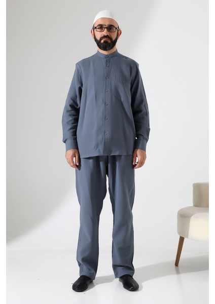 Erkek Müslin Hakim Yaka Cepli Gömlek Pantolon Ikili Takım, Hac Umre Kıyafeti - Füme (Ans) fırsatları