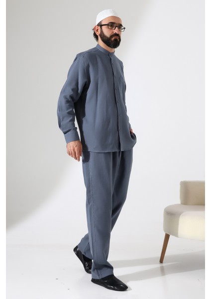 Erkek Müslin Hakim Yaka Cepli Gömlek Pantolon Ikili Takım, Hac Umre Kıyafeti - Füme (Ans) indirimleri