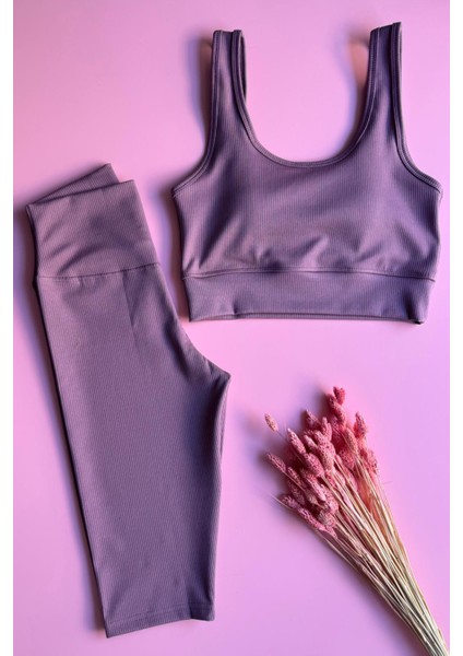 Sports Set | Sporcu Kadın, Mürdüm Renk Yüksek Bel Toparlayıcı Kısa Tayt ve Pedli Bustiyer Takımı