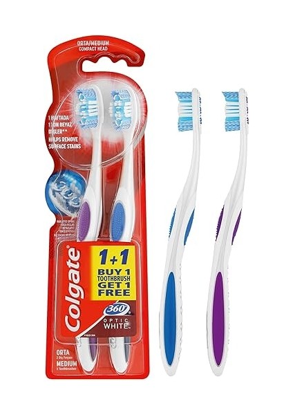 360 Optik Beyaz Dil ve Yanak Temizleyicili Orta Beyazlatıcı Diş Fırçası 1+1 modelleri