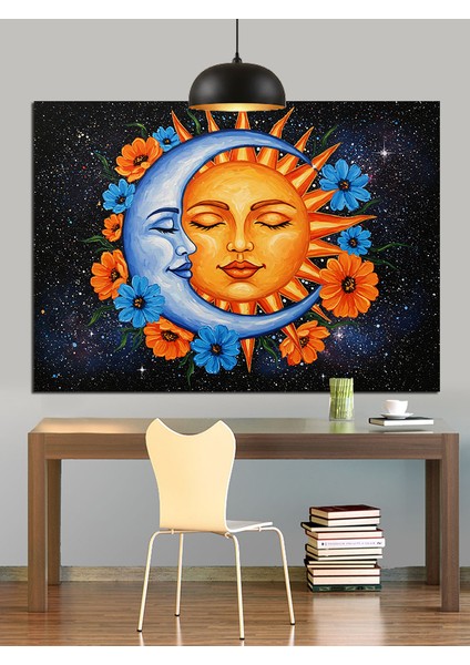 Güneş Ay Yüzlü Çiçekler Dekoratif Kanvas - Mdf Ahşap Tablo fırsatları