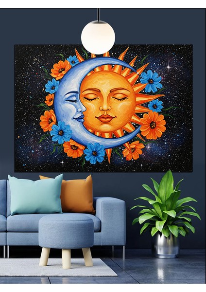 Güneş Ay Yüzlü Çiçekler Dekoratif Kanvas - Mdf Ahşap Tablo indirimleri