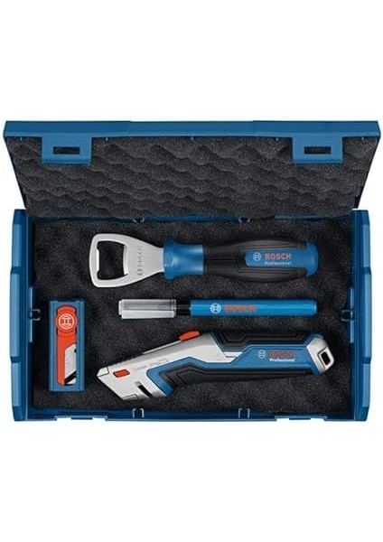 Profesyonel El Aleti Seti 4 Parça (1x Şişe Açacağı; 1x Değiştirilebilir Maket Bıçağı 180MM; 1x Işaretleme Kalemi; 1x Maket Bıçağı Yedeği 10 Parça; 1x L-Boxx Mini) fiyatları