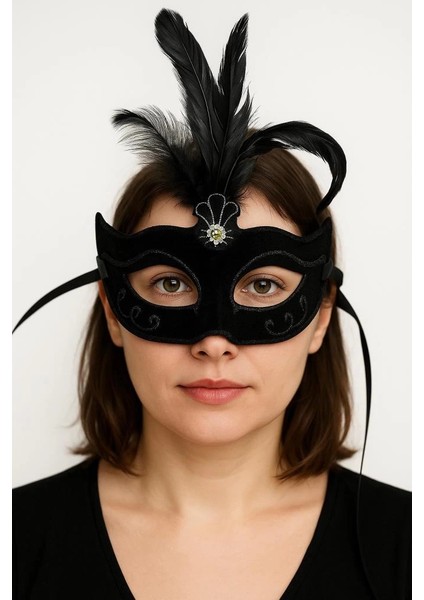 Bfs Siyah Renk Tüylü Siyah Süet Kaplama Parti Balo Maskesi 20X16 cm fırsatları