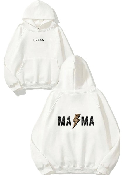Mama 1 Tasarım Baskılı Oversize Beyaz Kapüşonlu Sweatshirt