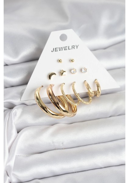 Bfs Gold Renk 6 Çiftli Pirinç Kadın Küpe Seti