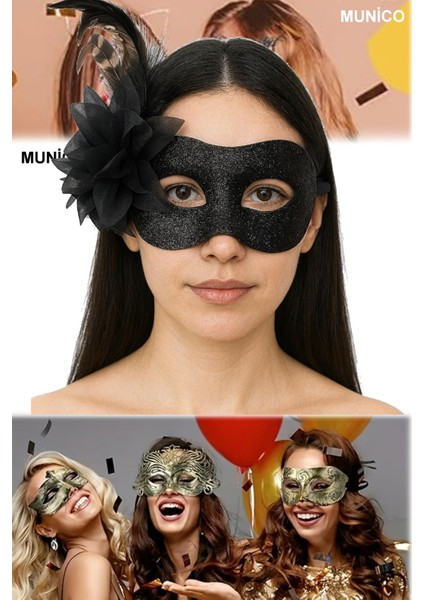 2 Adet Siyah Renk Tüylü Maske Simli Metalik Yüzeyli, Plastik Gövdeli Maskeli Parti ve Balo Maskesi