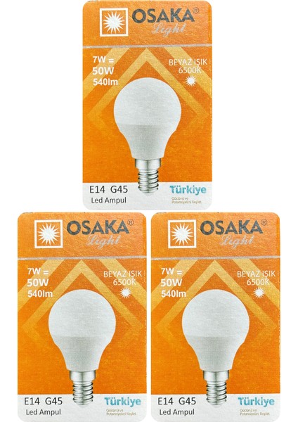 (3 adet) Osaka 7W (50W) Beyaz IŞIK E14 DUYLU (Ince Duy) LED Mini Ampul