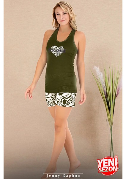 Lady Sıfır Kollu Kalpli Yeşil Şortlu Pijama Takımı fiyatları