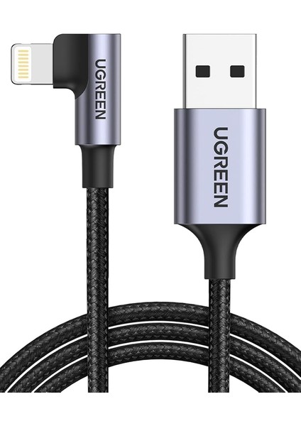 60521 Ugreen Örgülü 90° Lightning iPhone Şarj ve Data Kablosu, Siyah, 1 Metre