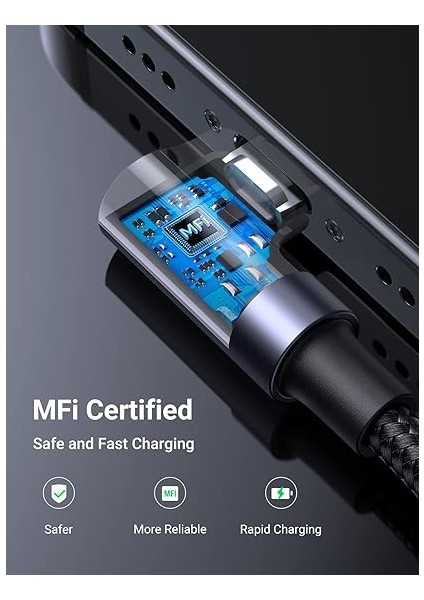 60521 Ugreen Örgülü 90° Lightning iPhone Şarj ve Data Kablosu, Siyah, 1 Metre modelleri