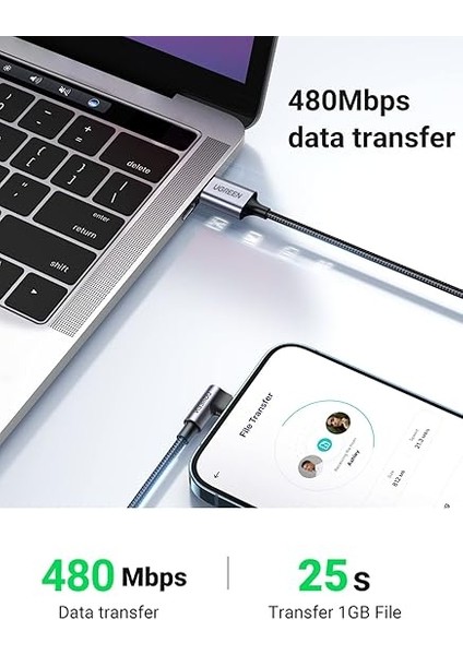 60521 Ugreen Örgülü 90° Lightning iPhone Şarj ve Data Kablosu, Siyah, 1 Metre indirimleri