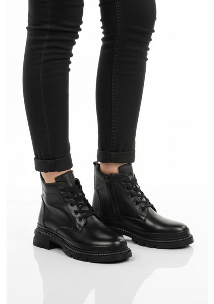 Siyah Hakiki Deri Içi Polarlı Kadın Topuklu Bot