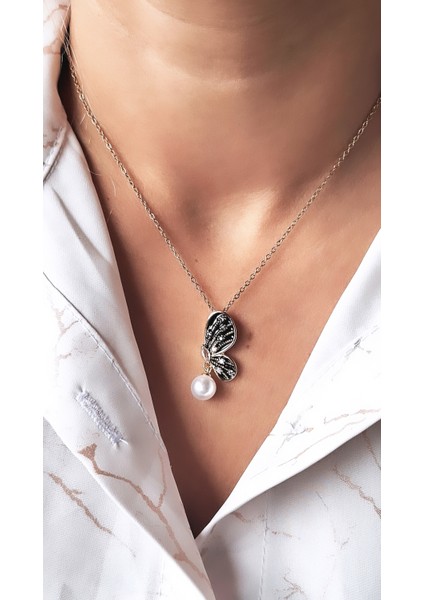 Siyah Mineli Incili Kelebek Çelik Kolye fiyatları