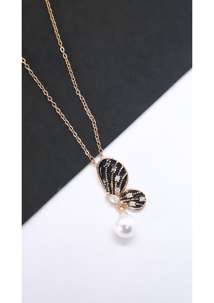 Siyah Mineli Incili Kelebek Çelik Kolye indirimleri