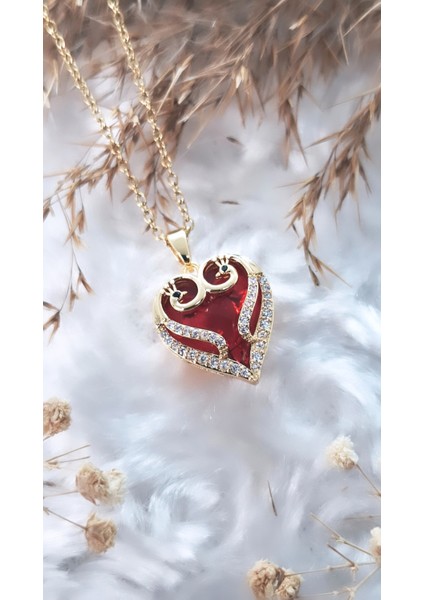 Kırmızı Mühürlü Kalp Çelik Kolye