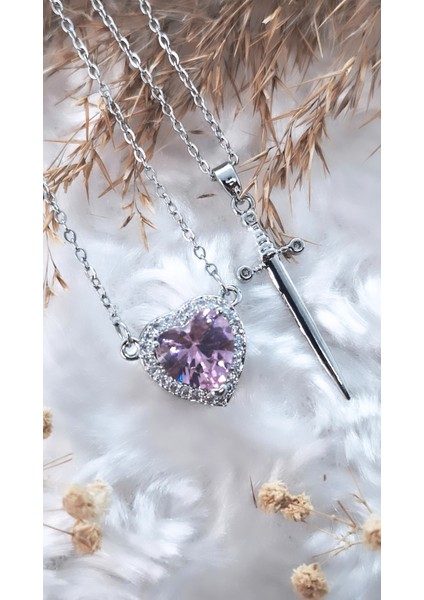 Pembe Kalp Kılıç Çift Çelik Kolye