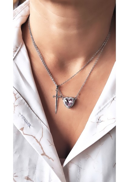 Pembe Kalp Kılıç Çift Çelik Kolye fiyatları