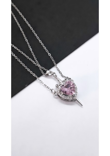 Pembe Kalp Kılıç Çift Çelik Kolye modelleri
