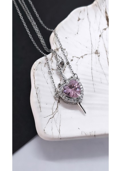 Pembe Kalp Kılıç Çift Çelik Kolye indirimleri