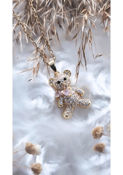 Peluş Ayı Figürlü Zirkon Taşlı Çelik Kolye